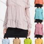 Wholesale Women's Causal Plain Puff Sleeve Ruffle Hem Button Down Shirt preview