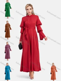 Wholesale Women's Elegant Layered Sleeve Floral Embroidery Mandarin Collar Maxi Dress With Belt, LIUHUA CLOTHING WHOLESALE
