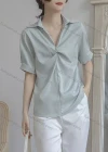 Wholesale Women's Turn-down Collar Twist Short Sleeve Plain Casual Blouse AY128# - Liuhuamall