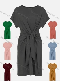 Wholesale Women's Round Neck Short Sleeve Twist Front Plain Casual Tee Dress, LIUHUA CLOTHING WHOLESALE