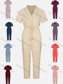 Wholesale Women's Lapel Notched Collar Button Front Drawstring Jumpsuit, LIUHUA CLOTHING WHOLESALE