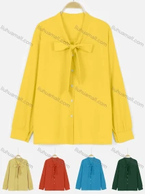 Wholesale Women's Casual Plain Button Down Tie Neck Shirt, LIUHUA CLOTHING WHOLESALE