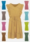 Wholesale Women's Ruffle Cap Sleeve Drawstring Belt Ruffle Hem Plain Casual Dress - Liuhuamall