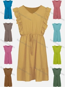 Wholesale Women's Ruffle Cap Sleeve Drawstring Belt Ruffle Hem Plain Casual Dress, LIUHUA CLOTHING WHOLESALE
