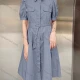 Wholesale Women's Casual Plain Half Sleeve Ruffle Hem Knee Length Dress With Belt 38# Clothing Wholesale Market Liuhua