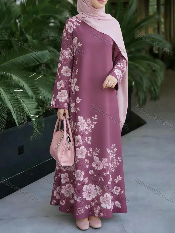 Wholesale 2026 Spring Summer Autumn Women Floral Print V-Neck Flared Loose Casual Long Dress