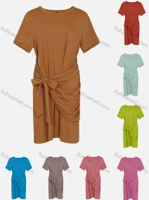 Wholesale Women's Casual Round Neck Short Sleeve Bowknot Tie Front Midi Dress, LIUHUA CLOTHING WHOLESALE