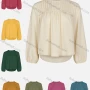 Wholesale Women Elegant Plain Mock Neck Bishop Sleeve Ruched Top preview