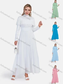 Wholesale Women's Elegant Chiffon High Neck A-Line Embroidery Cape Lace Hem Tie Back Dress, LIUHUA CLOTHING WHOLESALE