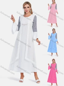 Wholesale Women's Elegant Crew Neck Bell Sleeve Striped Splicing Embroidery Lace Maxi Dress, LIUHUA CLOTHING WHOLESALE