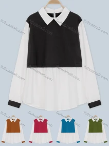 Wholesale Women's Casual Collared Stiching Color Buckled Cuff Blouse, LIUHUA CLOTHING WHOLESALE
