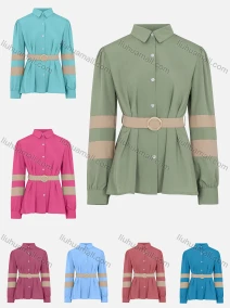 Wholesale Women's Elegant Collared Button Front Closure High Waist Shirt With Belt, LIUHUA CLOTHING WHOLESALE