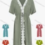 Wholesale Women's V Neck Short Sleeve Lace Trim Waist Drawstring Plain Casual Dress preview