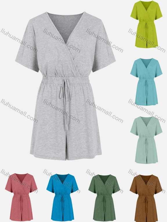 Wholesale Women's Plain V Neck Short Sleeve Drawstring Wrap Romper