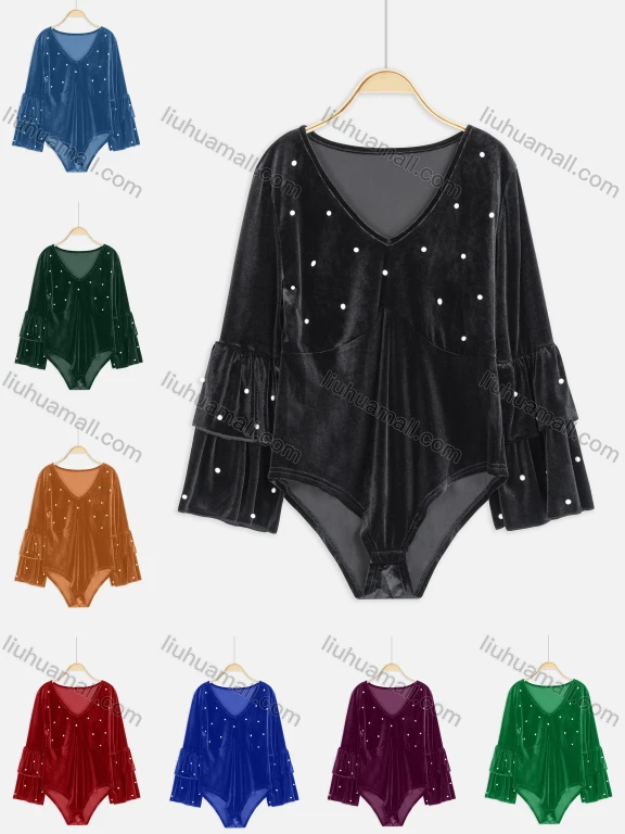 Wholesale Women's Sexy V Neck Ruffle Long Sleeve Pearl Decor Bodysuit