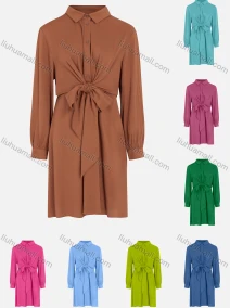 Wholesale Women's Casual Long Sleeve Button Down Knot Front Shirt Dress, LIUHUA CLOTHING WHOLESALE