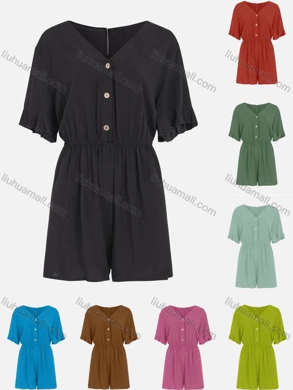 Wholesale Women's V Neck Button Front Short Sleeve Plain Casual Romper