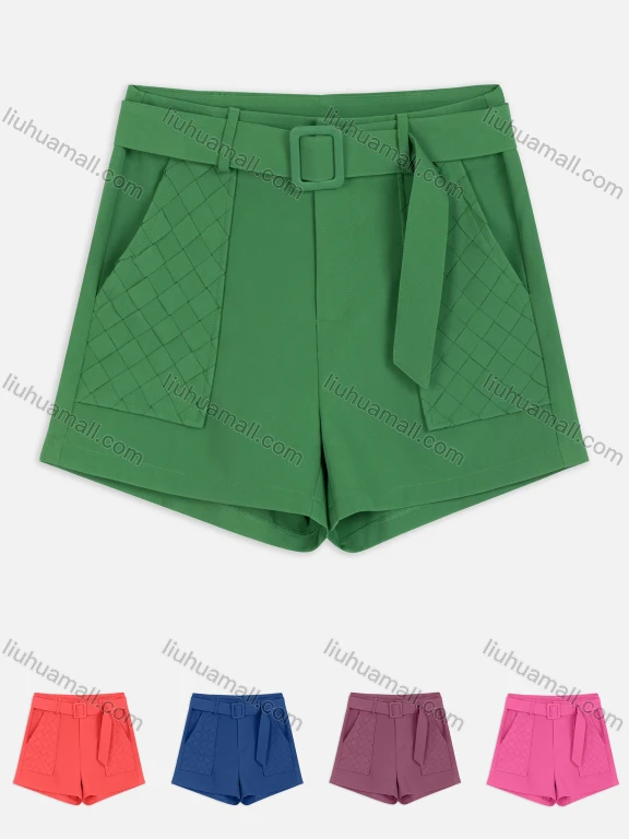 Wholesale Women's Casual Plain Grid Pocket Long Belt Hot Shorts