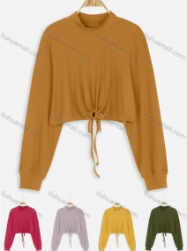 Wholesale Women's Casual Mock Neck Drawstring Elastic Cuff Tie Front Crop Blouse, LIUHUA CLOTHING WHOLESALE