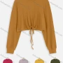 Wholesale Women's Casual Mock Neck Drawstring Elastic Cuff Tie Front Crop Blouse preview