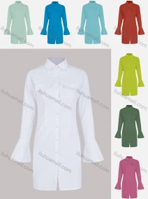 Wholesale Women's Casual Plain Button Down Flap Pockets Bell Sleeve Shirt Dress, LIUHUA CLOTHING WHOLESALE