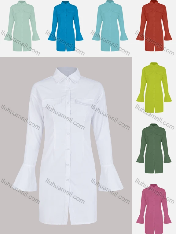Wholesale Women's Casual Plain Button Down Flap Pockets Bell Sleeve Shirt Dress