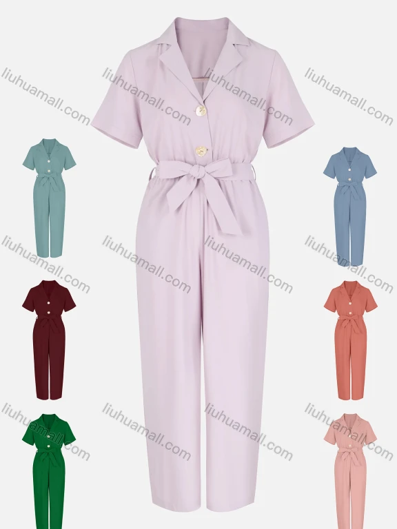 Wholesale Women's Casual Plain Lapel Button Front Tie Front Jumpsuit