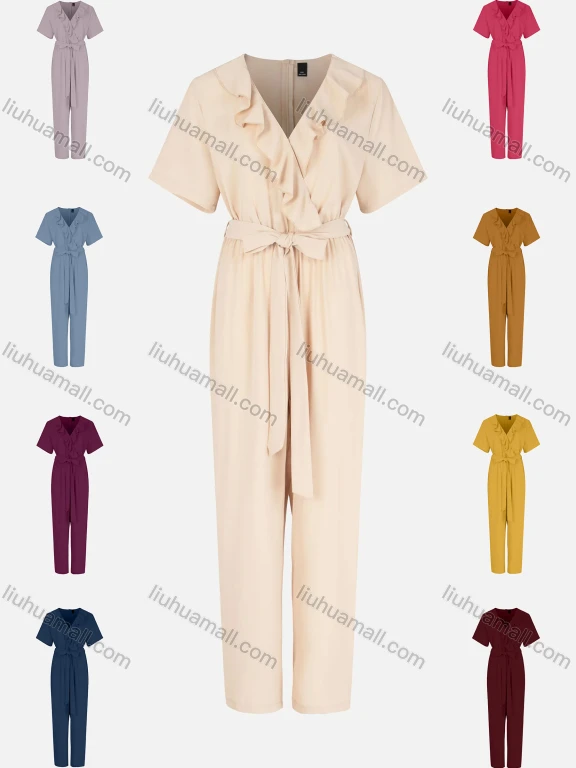 Wholesale Women's Casual Plain Wrap Ruffle Trim Tie Front Jumpsuit