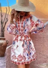 Wholesale Women's Vintage Long Sleeve V Neck Tie Front Retro Print Short Dress With Belt - Liuhuamall