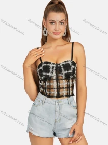 Wholesale Women's Sexy Plaid Frayed Raw Spaghetti Strap Crop Cami Top, LIUHUA CLOTHING WHOLESALE