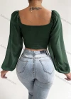 Wholesale Woman's Fashion Square Neck Peasant Sleeve Drawstring Plain Crop Top - Liuhuamall