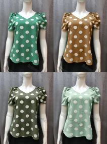 Wholesale Women's Casual Pleated Polka Dot V Neck Short Sleeve Blouse WB013#, LIUHUA CLOTHING WHOLESALE