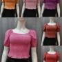 Wholesale Women's Casual Plain Swiss Dot Shirred Ruffle Hem Square Neck Short Sleeve Crop Blouse WB017# preview