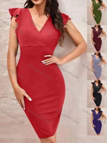 Wholesale Women's Casual Wrap V Neck Ruffle Trim Sleeveless Bodycon Plain Dress, LIUHUA CLOTHING WHOLESALE