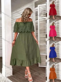 Wholesale Women's Casual Ruched Off Shoulder Guipure Lace Ruffle Hem Plain Midi Dress, LIUHUA CLOTHING WHOLESALE