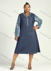 Wholesale Women's Casual V Neck Leopard Print Ruffled Long Puff Sleeve Midi Denim Dress - Liuhuamall