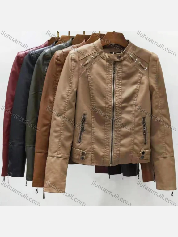 Wholesale Women's Casual Plain Stand Collar Long Sleeve Zipper PU Leather Jacket