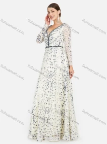 Wholesale Women's Elegant Deep V Guipure Lace Rhinestone Embroidery Floor Length Evening Dress, LIUHUA CLOTHING WHOLESALE