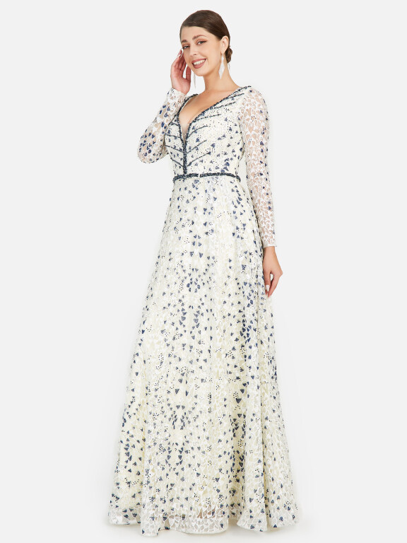 Women's Elegant Deep V Guipure Lace Rhinestone Embroidery Floor Length Evening Dress, LIUHUA Clothing Online Wholesale Market, All Categories