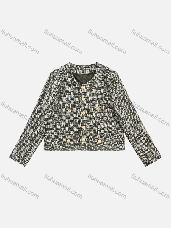 Wholesale Women's Elegant Woolen Round Neck Button Up Pocket Buckled Cuff Jacket