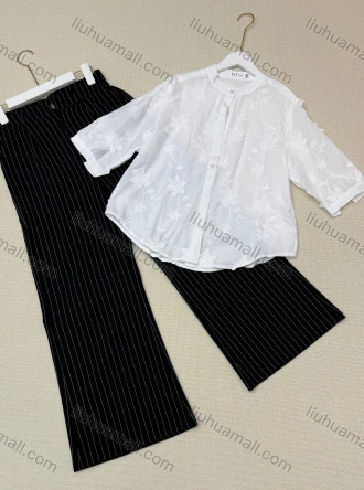 Wholesale Two-piece set: solid color shirt with 3D floral design + striped trousers., LIUHUA CLOTHING WHOLESALE