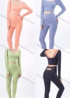 Wholesale Women's Plain Long Sleeve Backless Crop Tee & High Waist Butt Lifting Ankle Length Yoga Leggings 2 Piece Set 8534# - Liuhuamall