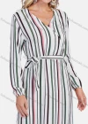 Wholesale Women's Casual Wrap V Neck Long Sleeve Multicolor Striped Ruffle Hem Midi Dress With Belt - Liuhuamall
