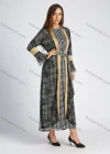 Wholesale Women's Elegant Bell Sleeve Lace Splicing Allover Houndstooth Print Button Down Maxi Dress With Belt - Liuhuamall