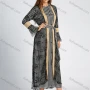 Wholesale Women's Elegant Bell Sleeve Lace Splicing Allover Houndstooth Print Button Down Maxi Dress With Belt preview