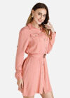 Wholesale Women's Collared Flap Pockets Button Front Long Sleeve Short Dress With Belt - Liuhuamall