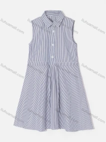 Wholesale Girl's Casual Collared Sleeveless Button Front Drawstring Striped Dress, LIUHUA CLOTHING WHOLESALE