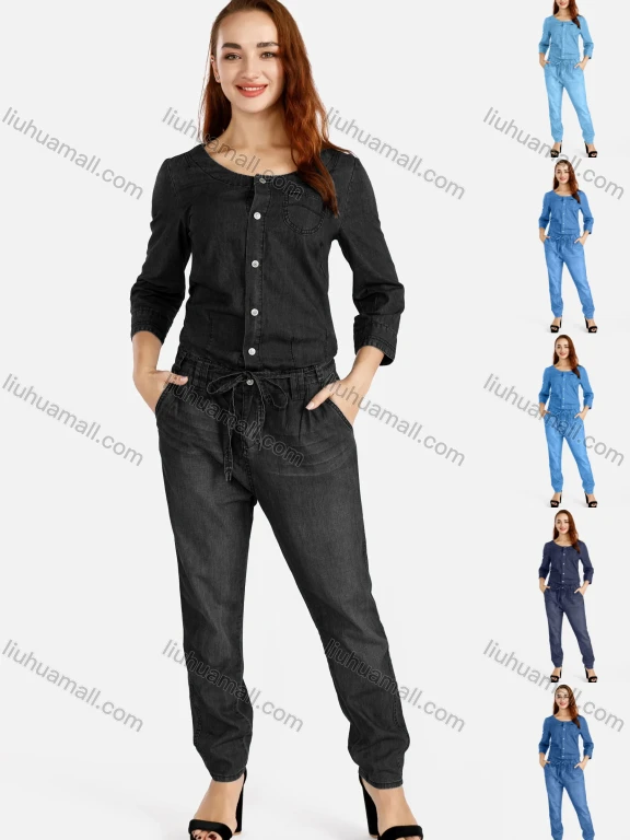Wholesale Women's Plus Size Casual Round Neck Button Front Top & Straight Leg Pants Denim 2 Piece Set
