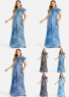 Wholesale Women's Plus Size Flap Pockets Cap Sleeve Distressed Button Front Denim Maxi Dress - Liuhuamall