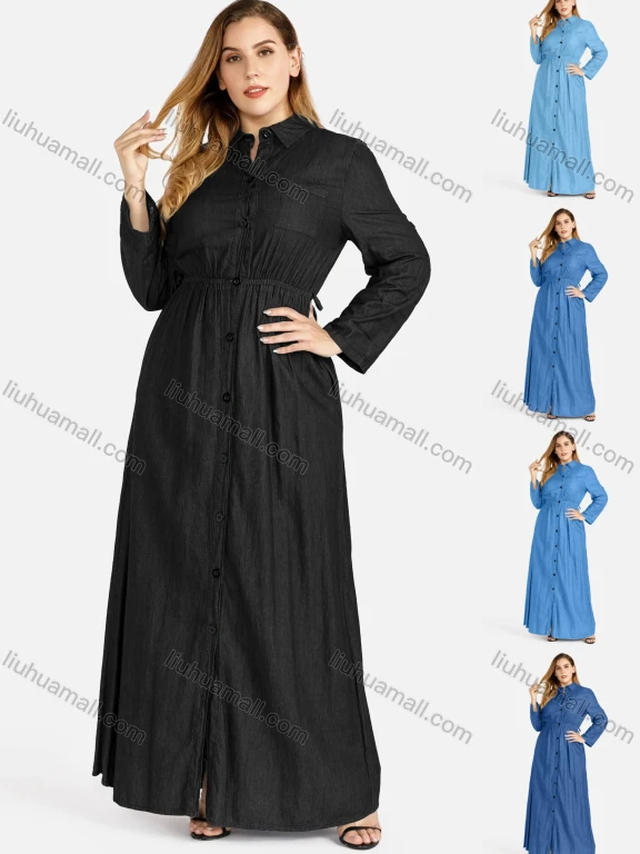 Wholesale Women's Plus Size Casual Button Long Sleeve Maxi Denim Shirt Dress